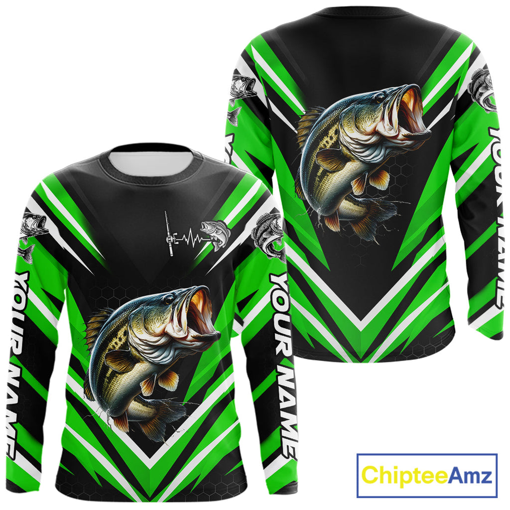Largemouth Bass Fishing Long Sleeve Shirt Custom Green Black Fish Performance Jersey