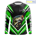Largemouth Bass Fishing Long Sleeve Shirt Custom Green Black Fish Performance Jersey