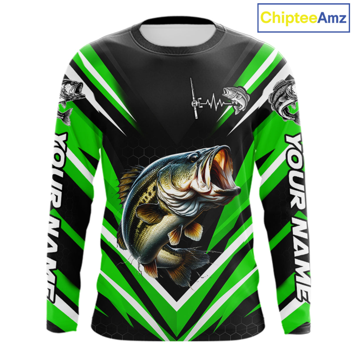 Largemouth Bass Fishing Long Sleeve Shirt Custom Green Black Fish Performance Jersey
