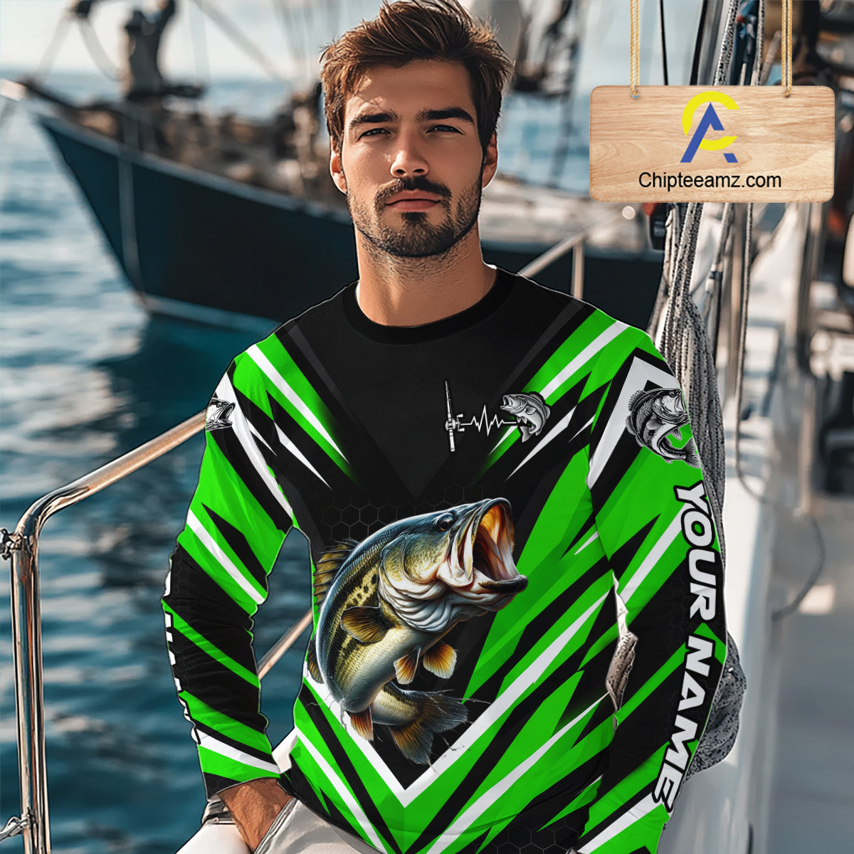 Largemouth Bass Fishing Long Sleeve Shirt Custom Green Black Fish Performance Jersey
