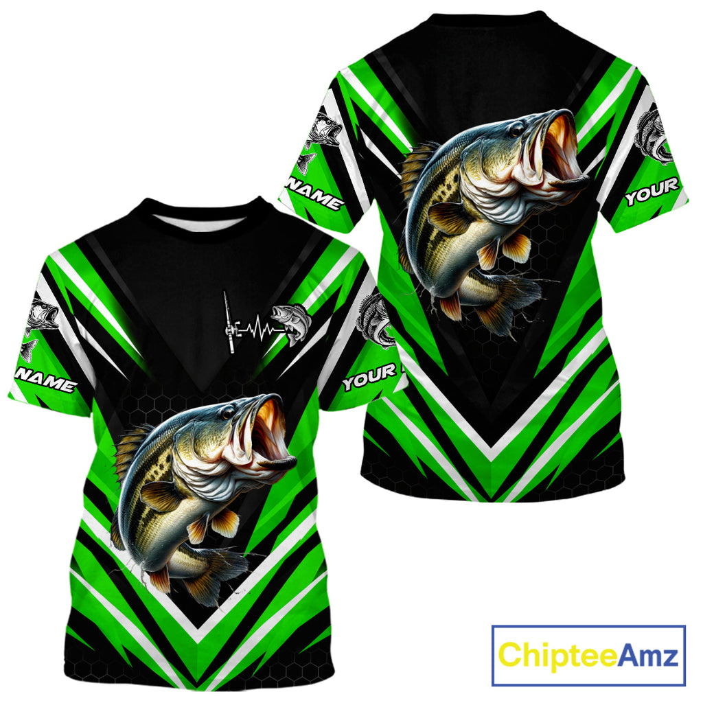 Largemouth Bass Fishing Short Sleeve Shirt Custom Green Black Fish Performance Jersey
