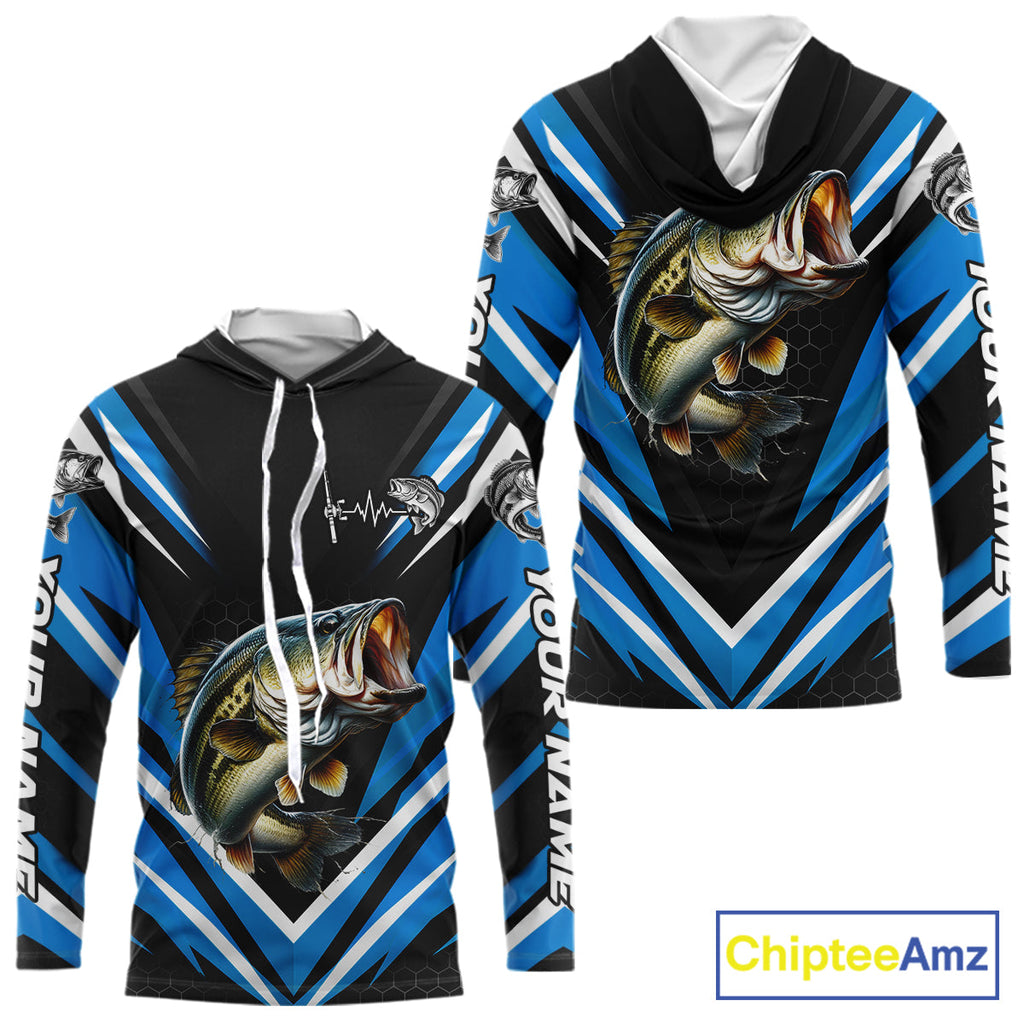 Largemouth Bass Fishing Long Sleeve Hooded Shirt Custom Blue Black Fish Performance Jersey