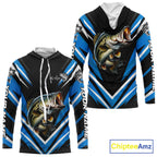 Largemouth Bass Fishing Long Sleeve Hooded Shirt Custom Blue Black Fish Performance Jersey