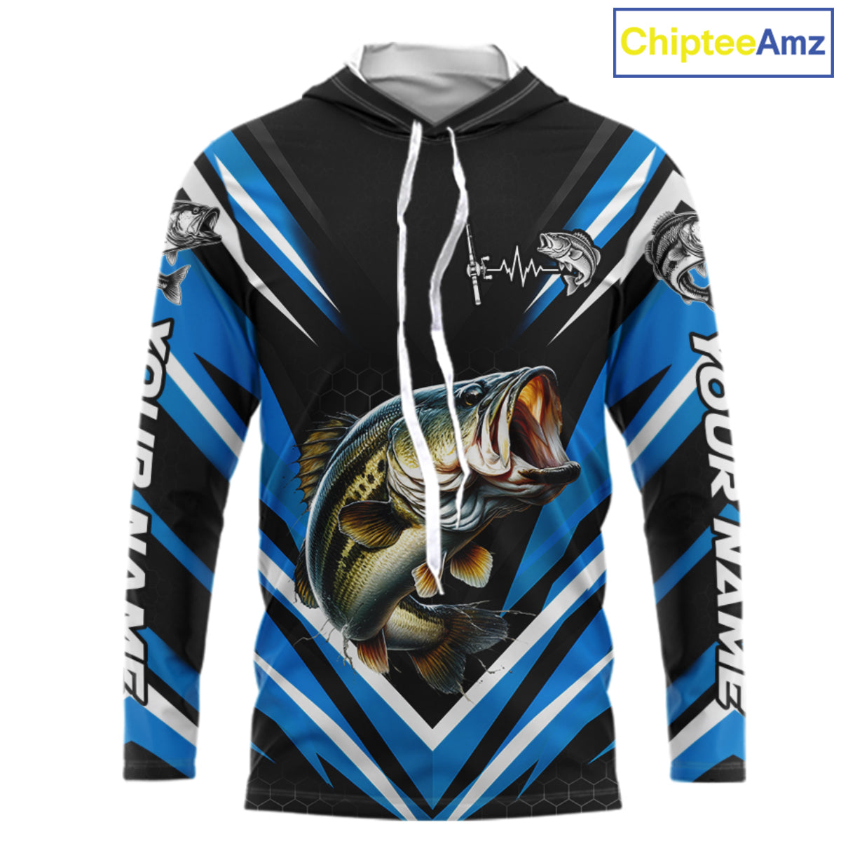 Largemouth Bass Fishing Long Sleeve Hooded Shirt Custom Blue Black Fish Performance Jersey