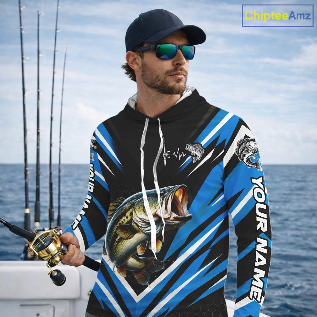 Largemouth Bass Fishing Long Sleeve Hooded Shirt Custom Blue Black Fish Performance Jersey
