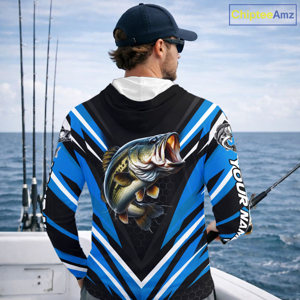 Largemouth Bass Fishing Long Sleeve Hooded Shirt Custom Blue Black Fish Performance Jersey