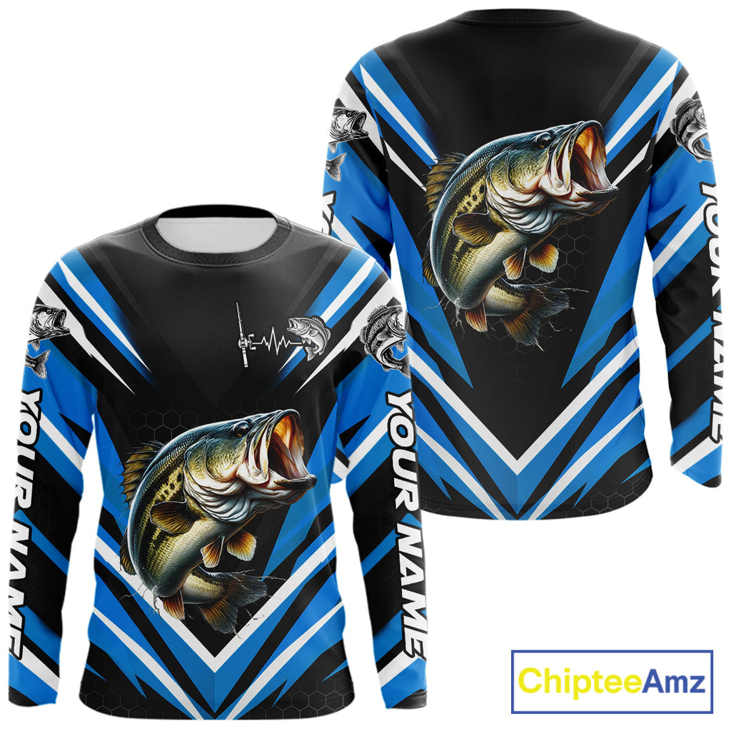 Largemouth Bass Fishing Long Sleeve Shirt Custom Blue Black Fish Performance Jersey