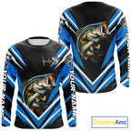 Largemouth Bass Fishing Long Sleeve Shirt Custom Blue Black Fish Performance Jersey