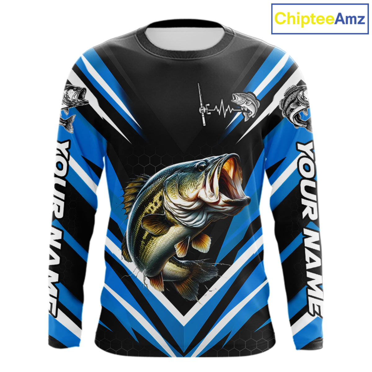 Largemouth Bass Fishing Long Sleeve Shirt Custom Blue Black Fish Performance Jersey