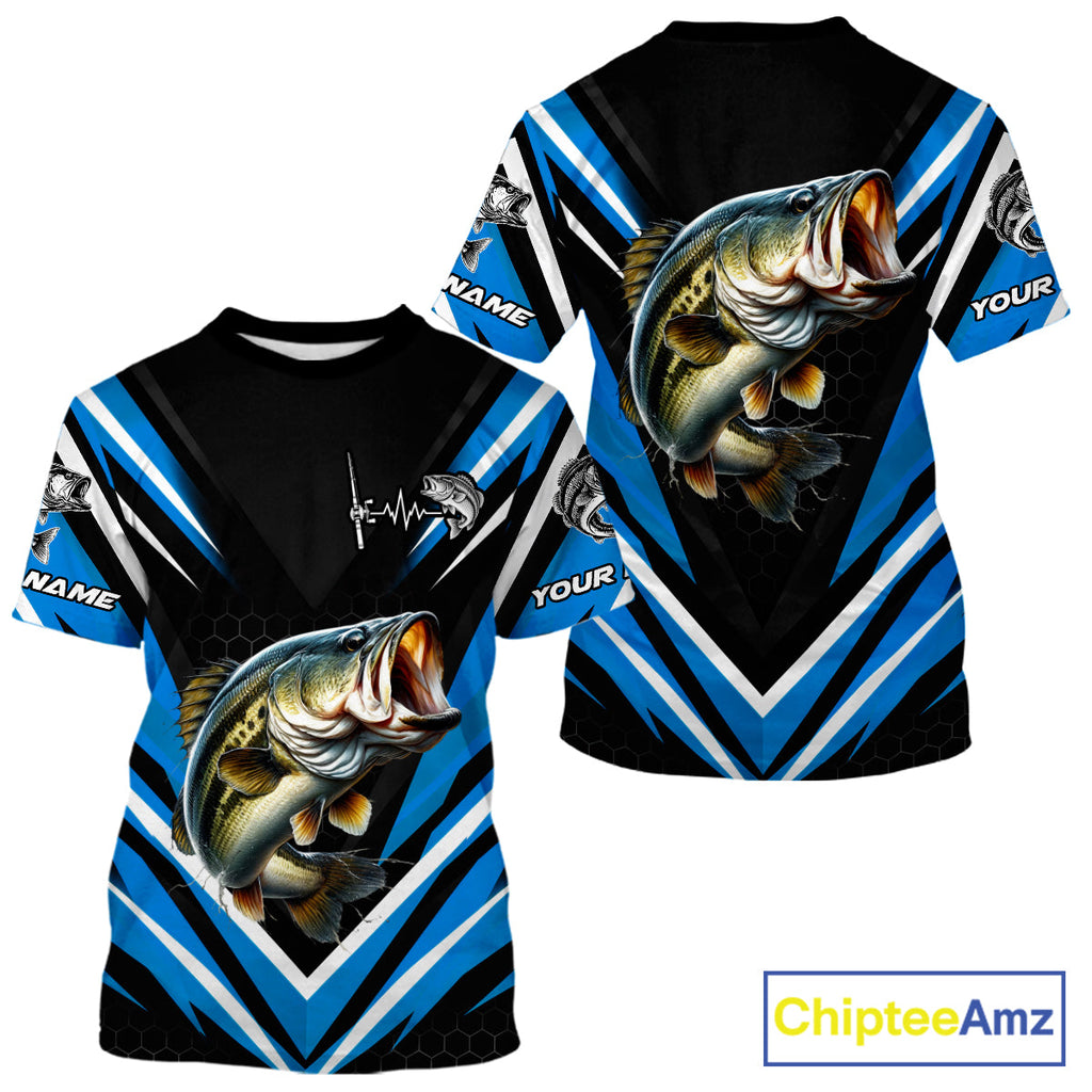 Largemouth Bass Fishing Short Sleeve Shirt Custom Blue Black Fish Performance Jersey
