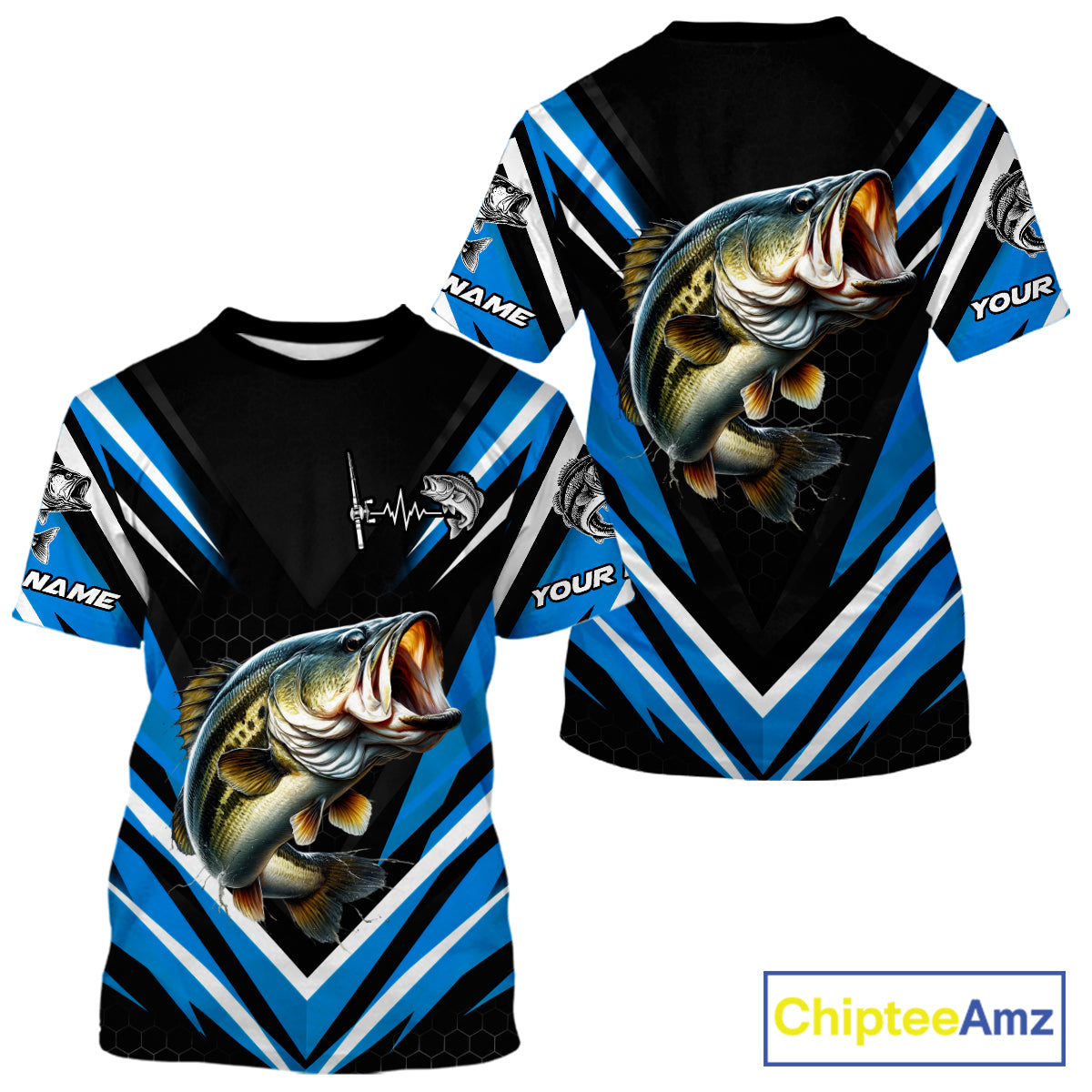Largemouth Bass Fishing Short Sleeve Shirt Custom Blue Black Fish Performance Jersey
