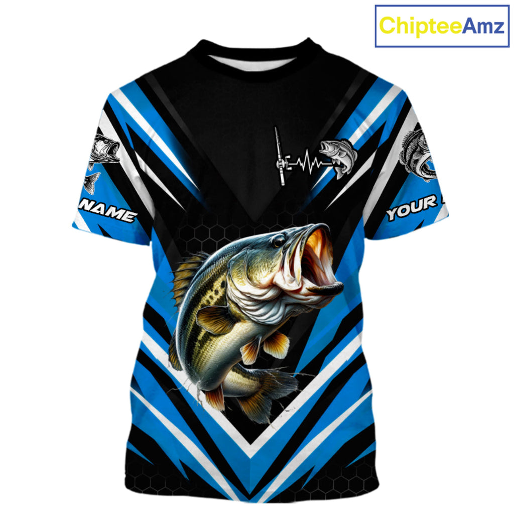 Largemouth Bass Fishing Short Sleeve Shirt Custom Blue Black Fish Performance Jersey