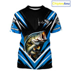 Largemouth Bass Fishing Short Sleeve Shirt Custom Blue Black Fish Performance Jersey