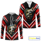 Largemouth Bass Fishing Long Sleeve Hooded Shirt Custom Red Black Fish Performance Jersey