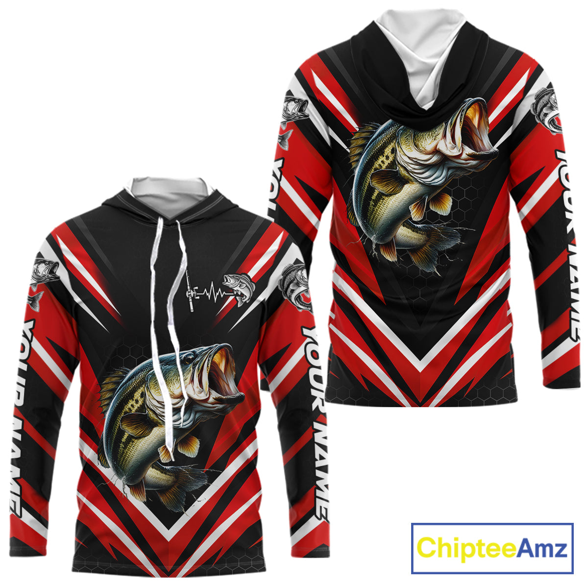 Largemouth Bass Fishing Long Sleeve Hooded Shirt Custom Red Black Fish Performance Jersey