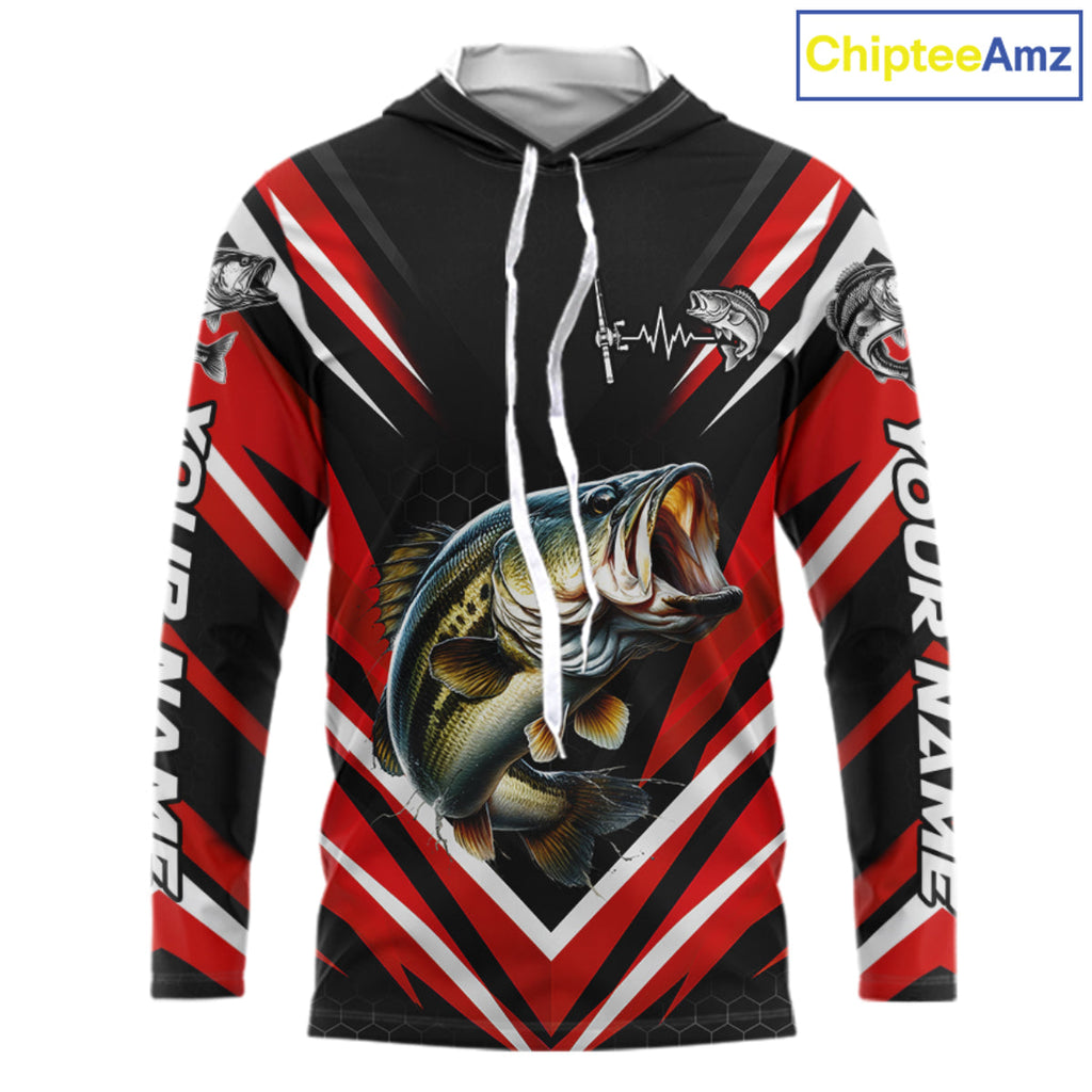 Largemouth Bass Fishing Long Sleeve Hooded Shirt Custom Red Black Fish Performance Jersey
