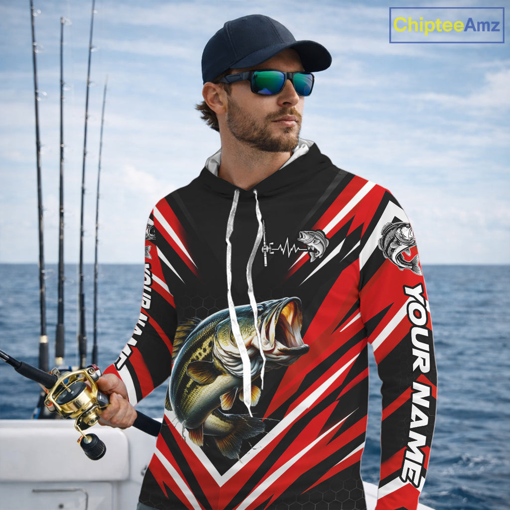 Largemouth Bass Fishing Long Sleeve Hooded Shirt Custom Red Black Fish Performance Jersey