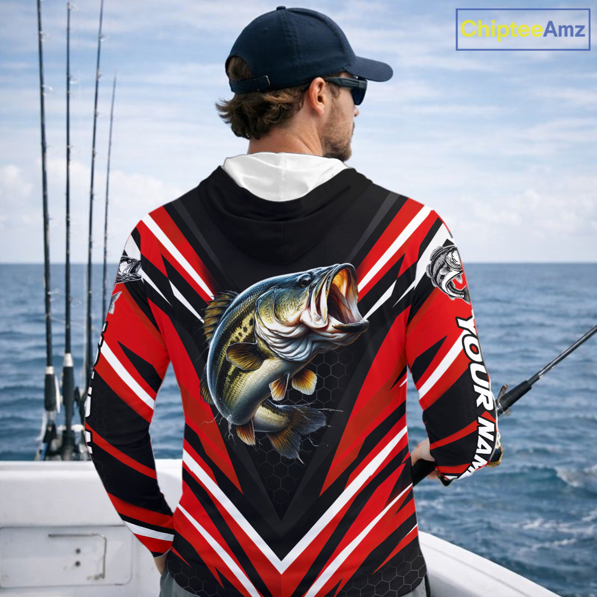 Largemouth Bass Fishing Long Sleeve Hooded Shirt Custom Red Black Fish Performance Jersey