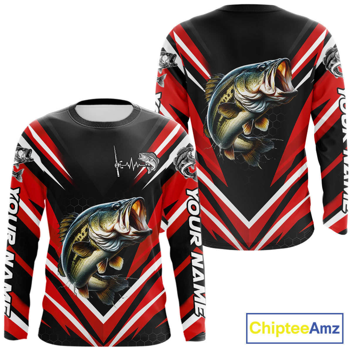 Largemouth Bass Fishing Long Sleeve Shirt Custom Red Black Fish Performance Jersey