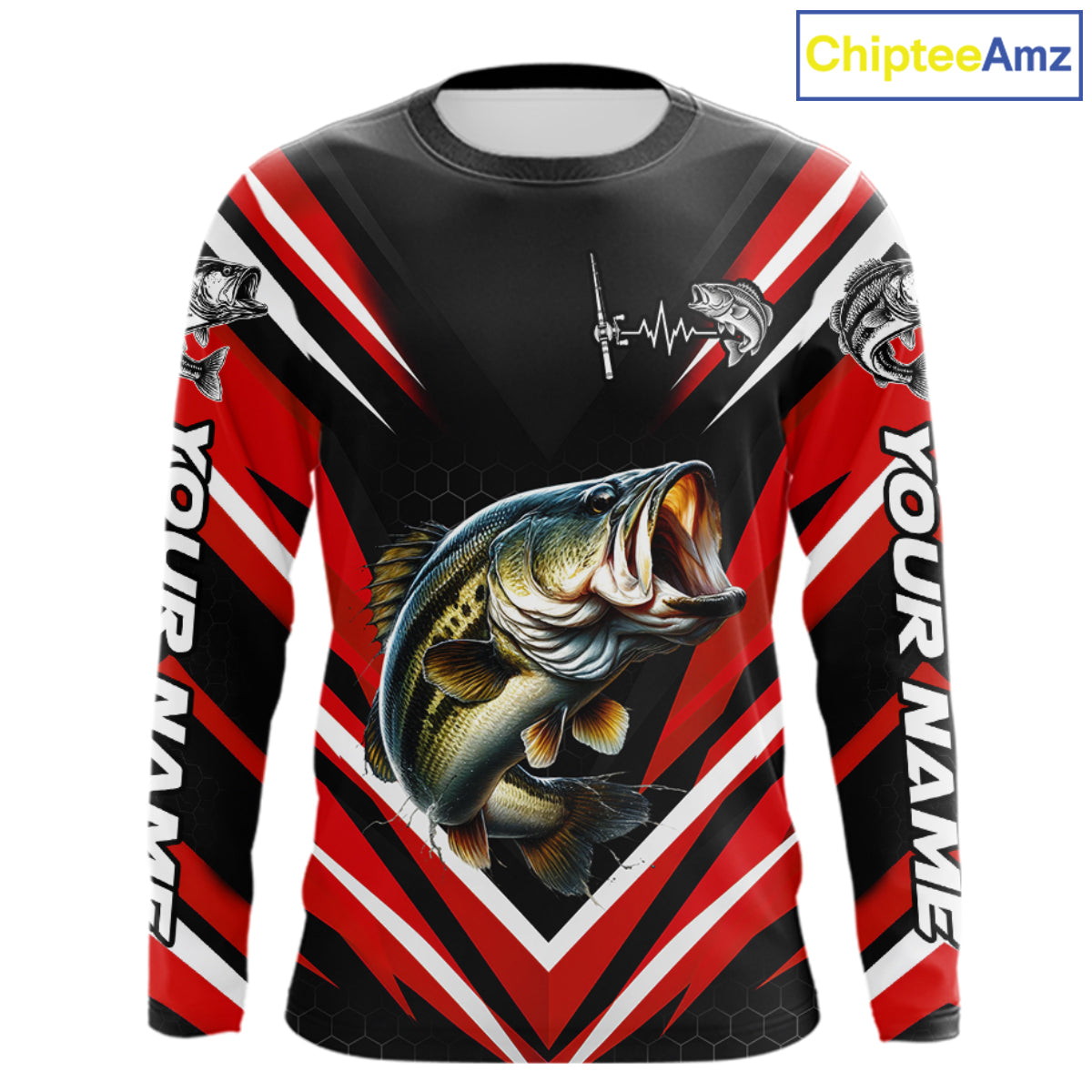 Largemouth Bass Fishing Long Sleeve Shirt Custom Red Black Fish Performance Jersey