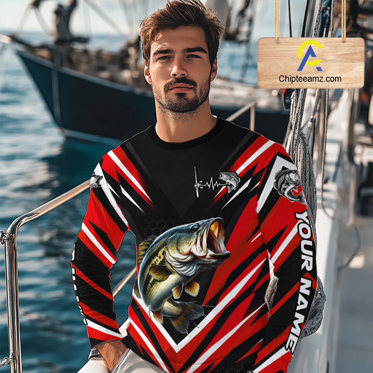Largemouth Bass Fishing Long Sleeve Shirt Custom Red Black Fish Performance Jersey