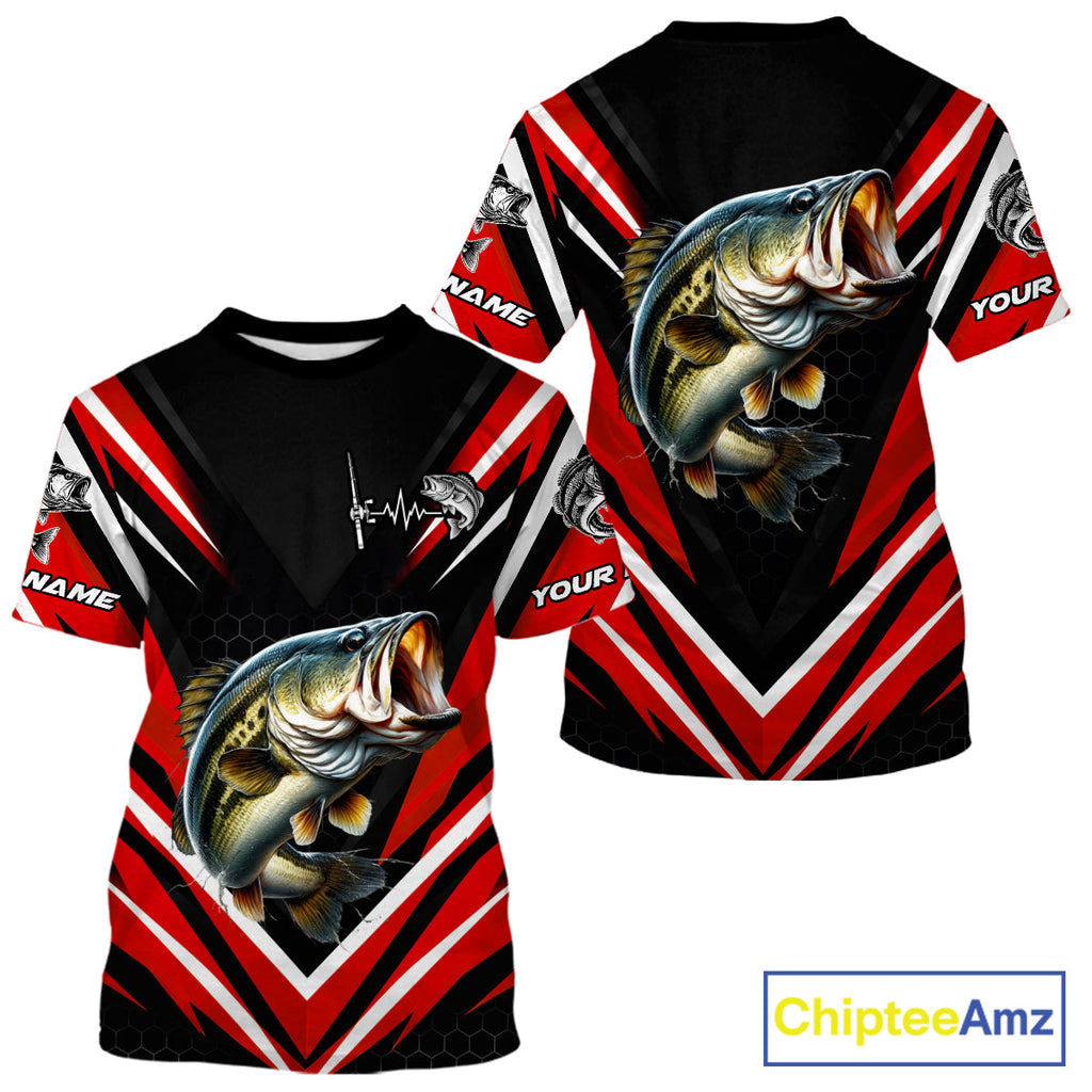 Largemouth Bass Fishing Short Sleeve Shirt Custom Red Black Fish Performance Jersey