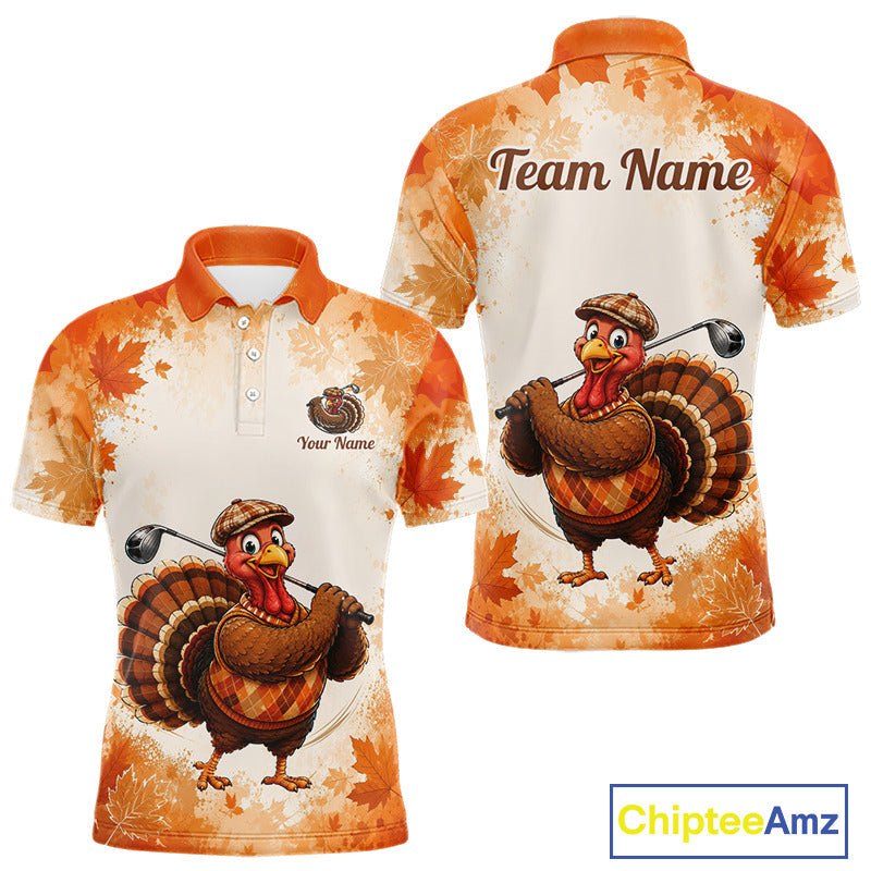 Thanksgiving Turkey Golf Polo Shirt Custom Name, Personalized Autumn Golf Team Polo