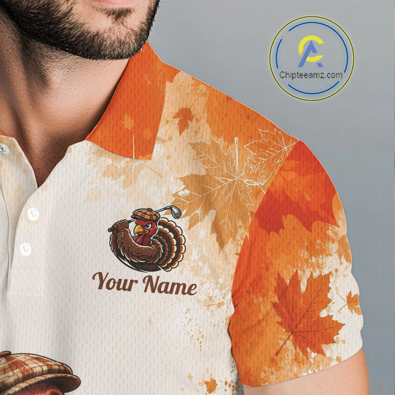 Thanksgiving Turkey Golf Polo Shirt Custom Name, Personalized Autumn Golf Team Polo