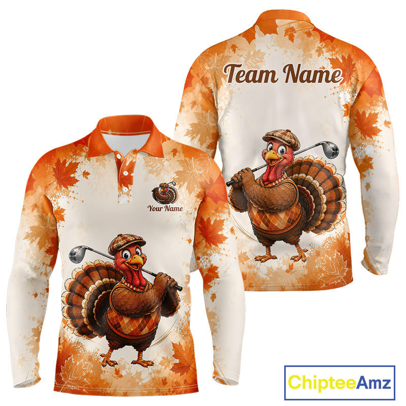 Thanksgiving Turkey Golf Polo Shirt Custom Name, Personalized Autumn Golf Team Polo