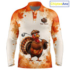 Thanksgiving Turkey Golf Polo Shirt Custom Name, Personalized Autumn Golf Team Polo