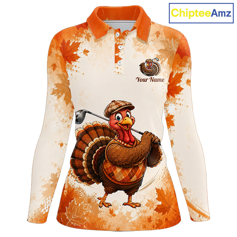 Thanksgiving Turkey Golf Polo Shirt Custom Name, Personalized Autumn Golf Team Polo