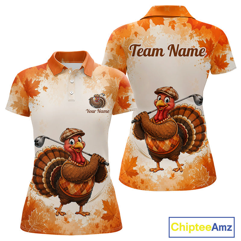 Thanksgiving Turkey Golf Polo Shirt Custom Name, Personalized Autumn Golf Team Polo