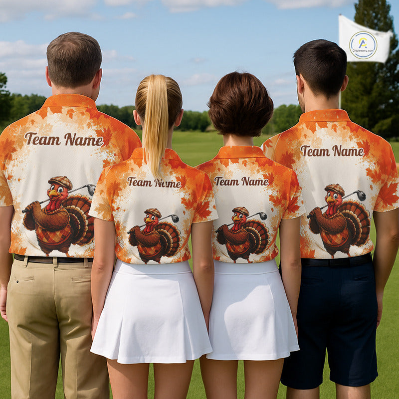 Thanksgiving Turkey Golf Polo Shirt Custom Name, Personalized Autumn Golf Team Polo