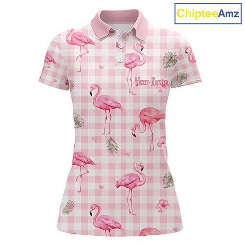 Personalized Flamingo Polo Shirt Pink Plaid Custom Name Team Shirt Flamingo Golf Polo Gift