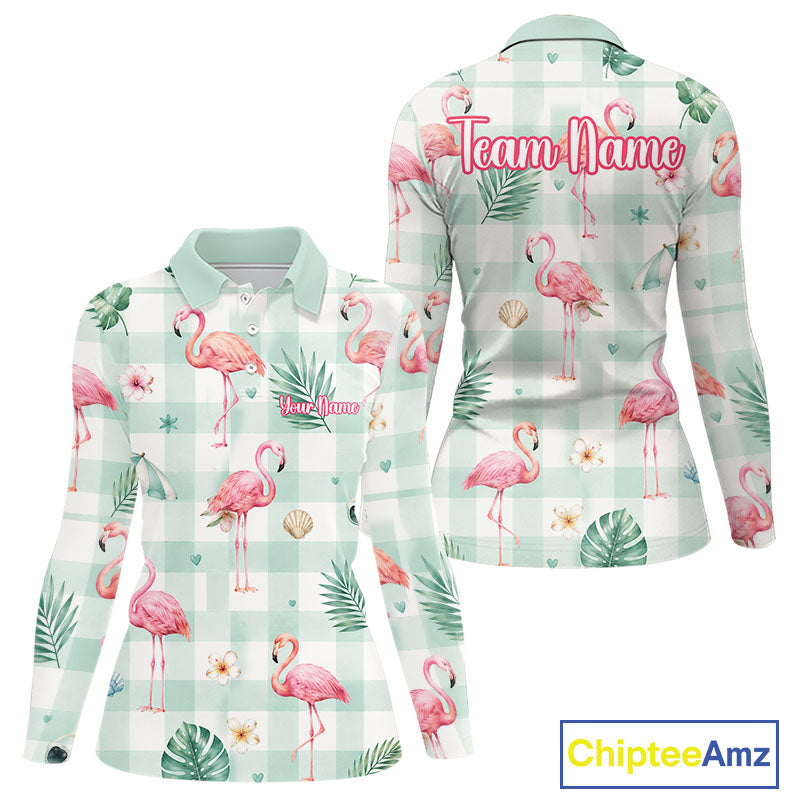 Personalized Flamingo Golf Polo Shirt, Mint Plaid Custom Name Team Shirt, Golf Polo Gift