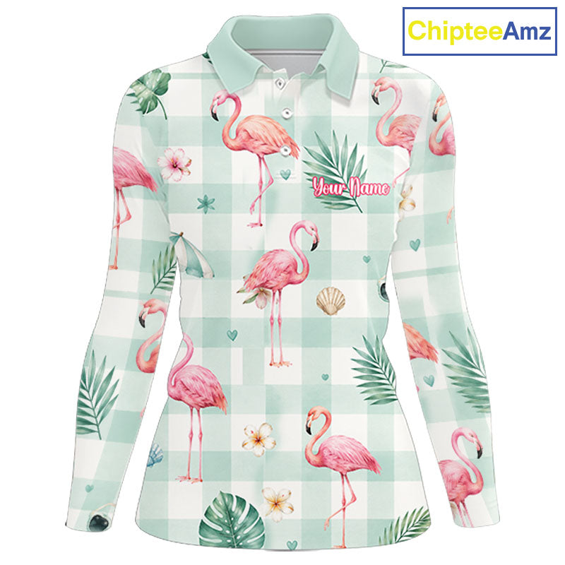 Personalized Flamingo Golf Polo Shirt, Mint Plaid Custom Name Team Shirt, Golf Polo Gift