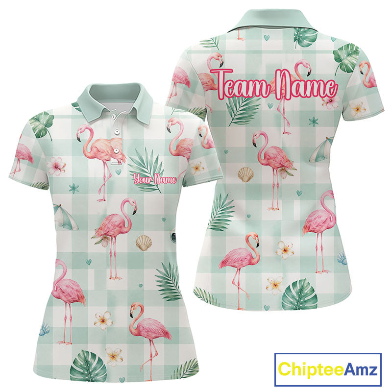 Personalized Flamingo Golf Polo Shirt, Mint Plaid Custom Name Team Shirt, Golf Polo Gift