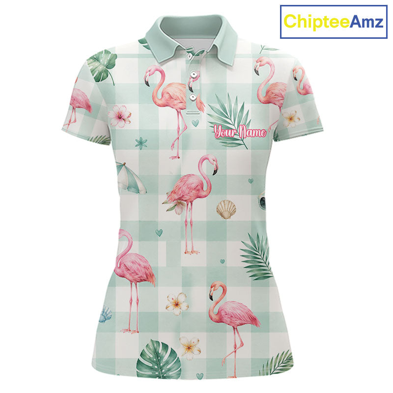 Personalized Flamingo Golf Polo Shirt, Mint Plaid Custom Name Team Shirt, Golf Polo Gift
