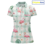 Personalized Flamingo Golf Polo Shirt, Mint Plaid Custom Name Team Shirt, Golf Polo Gift