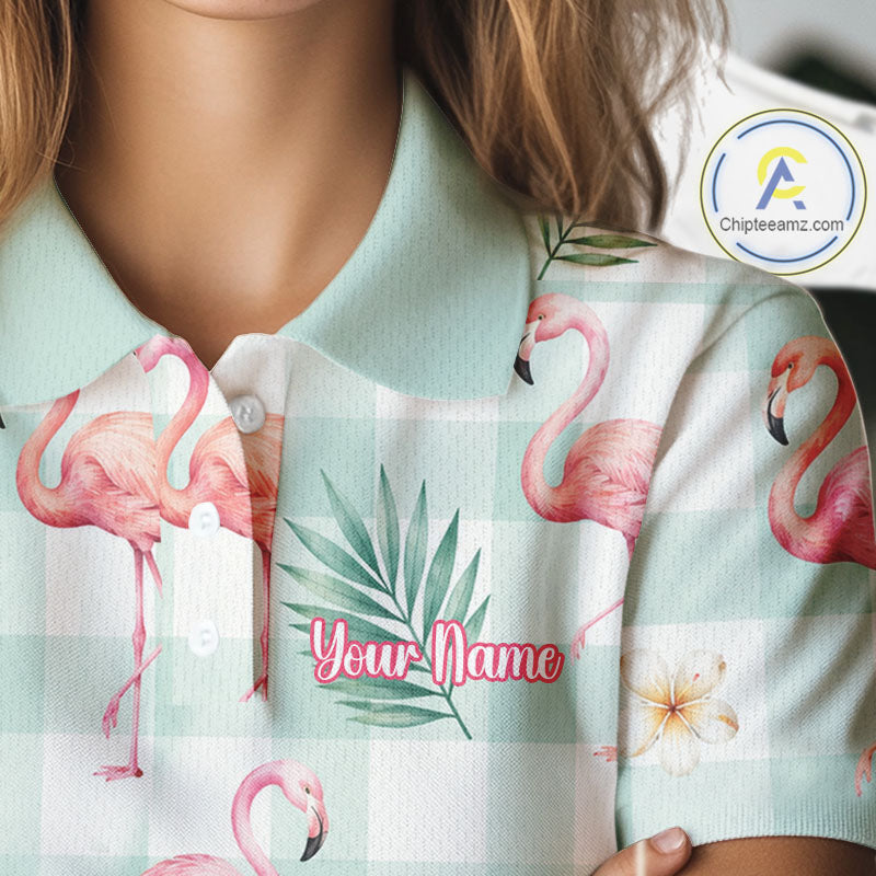 Personalized Flamingo Golf Polo Shirt, Mint Plaid Custom Name Team Shirt, Golf Polo Gift