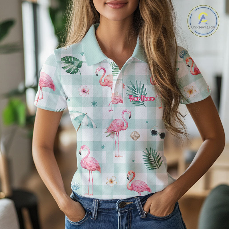 Personalized Flamingo Golf Polo Shirt, Mint Plaid Custom Name Team Shirt, Golf Polo Gift
