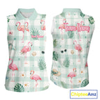 Personalized Flamingo Golf Polo Shirt, Mint Plaid Custom Name Team Shirt, Sleeveless Golf Polo Gift