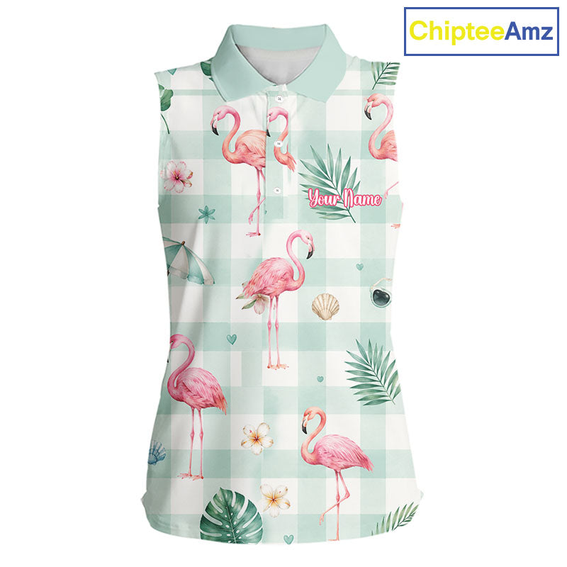 Personalized Flamingo Golf Polo Shirt, Mint Plaid Custom Name Team Shirt, Sleeveless Golf Polo Gift