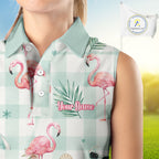 Personalized Flamingo Golf Polo Shirt, Mint Plaid Custom Name Team Shirt, Sleeveless Golf Polo Gift