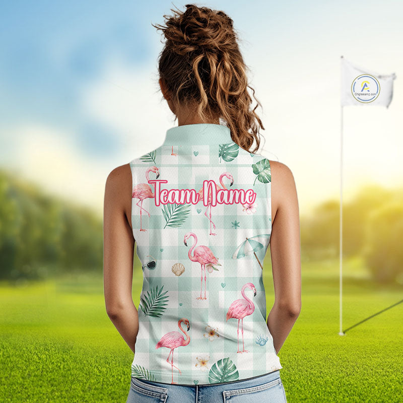 Personalized Flamingo Golf Polo Shirt, Mint Plaid Custom Name Team Shirt, Sleeveless Golf Polo Gift