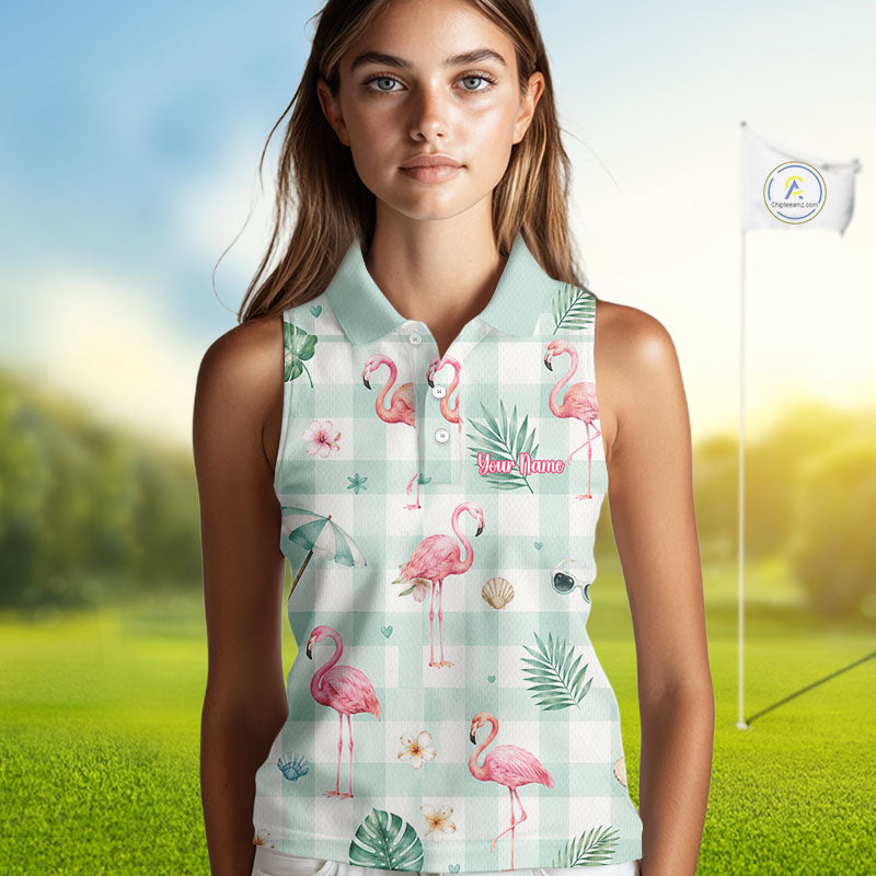 Personalized Flamingo Golf Polo Shirt, Mint Plaid Custom Name Team Shirt, Sleeveless Golf Polo Gift