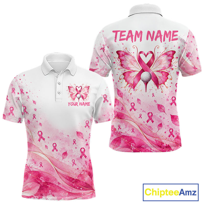 Breast Cancer Awareness Butterfly Golf Polo Shirt Custom Pink Ribbon Team Jersey