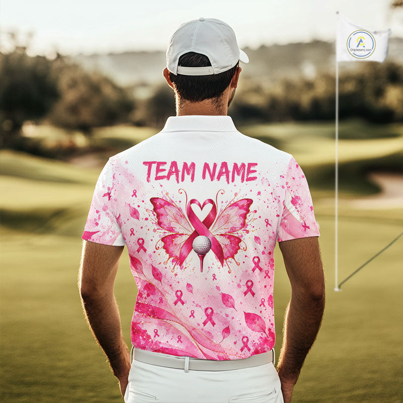 Breast Cancer Awareness Butterfly Golf Polo Shirt Custom Pink Ribbon Team Jersey