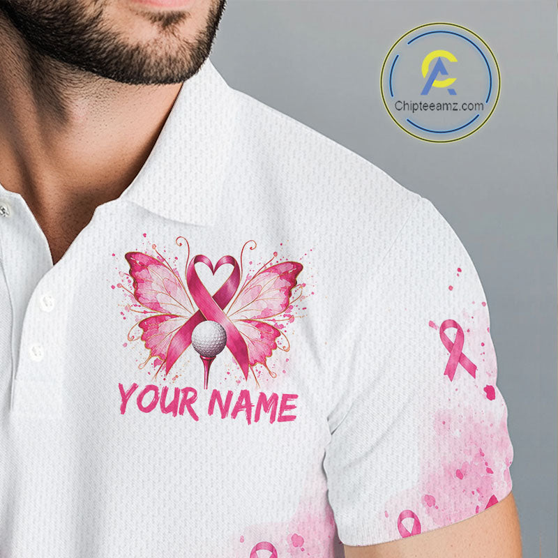Breast Cancer Awareness Butterfly Golf Polo Shirt Custom Pink Ribbon Team Jersey