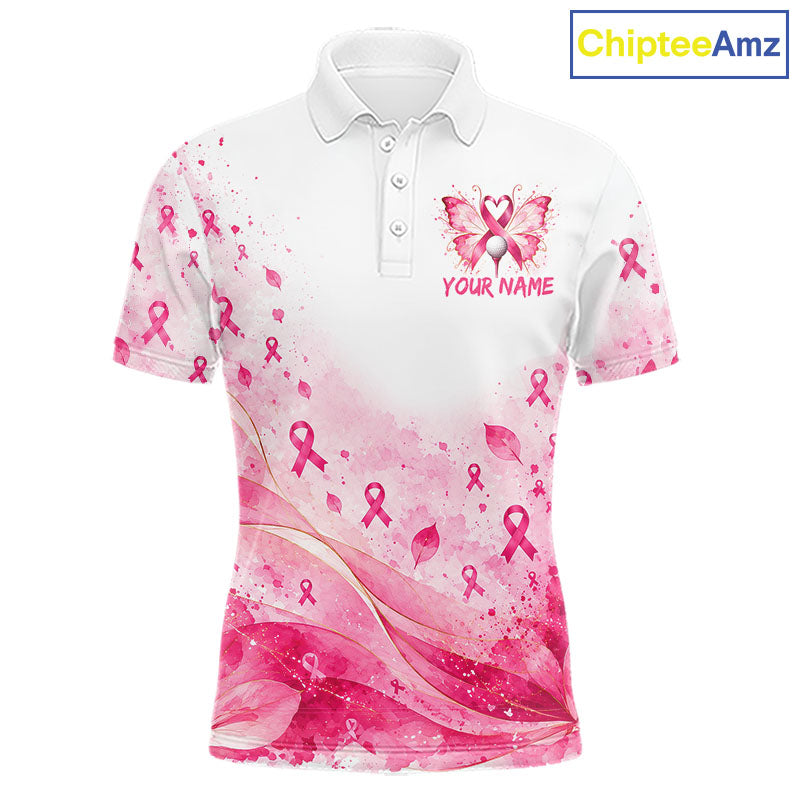 Breast Cancer Awareness Butterfly Golf Polo Shirt Custom Pink Ribbon Team Jersey